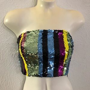 NWT Forever 21 Multicolor Striped Sequin Festival Bandeau Crop Knit Tube Top S